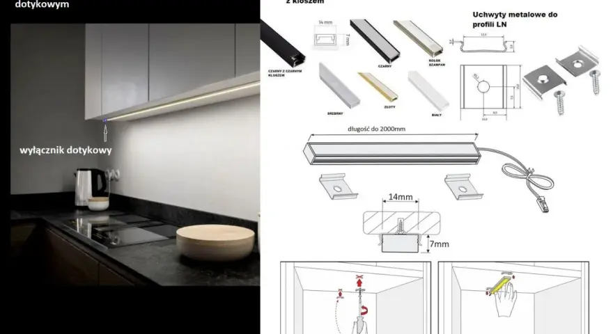 Oświetlenie LED pod szafkami kuchennymi z wyłącznikiem dotykowym i akcesoriami montażowymi.